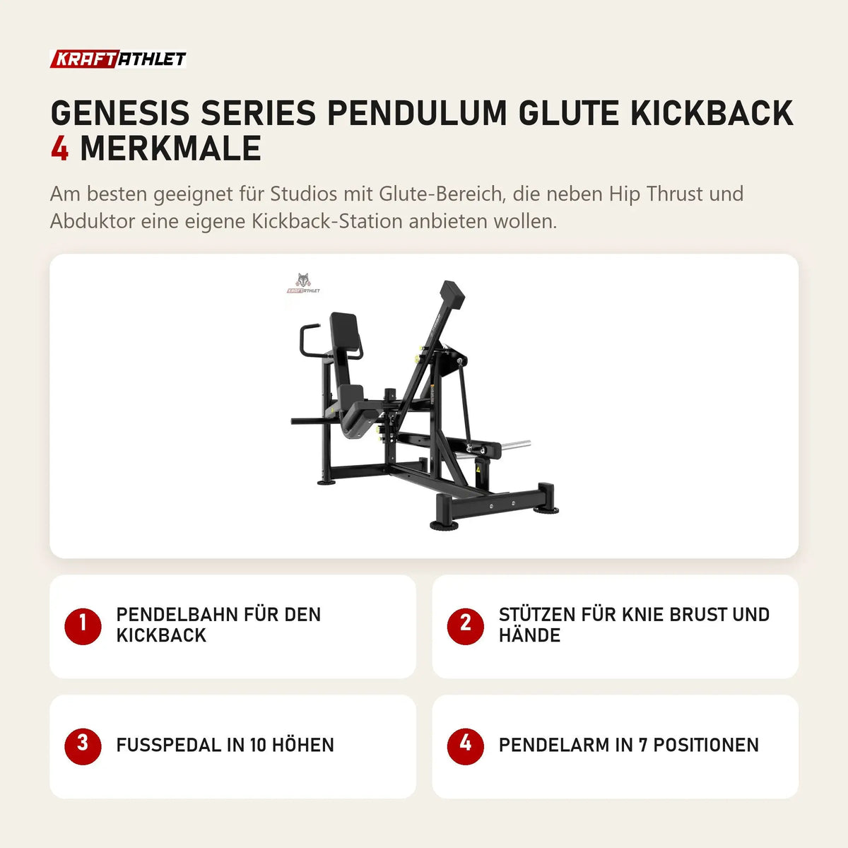 Titanium Strength Genesis Series Pendulum Glute Kickback mit 4 Merkmalen: Pendelbahn für den Kickback, Stützen für Knie Brust und Hände, Fußpedal in 10 Höhen, Pendelarm in 7 Positionen