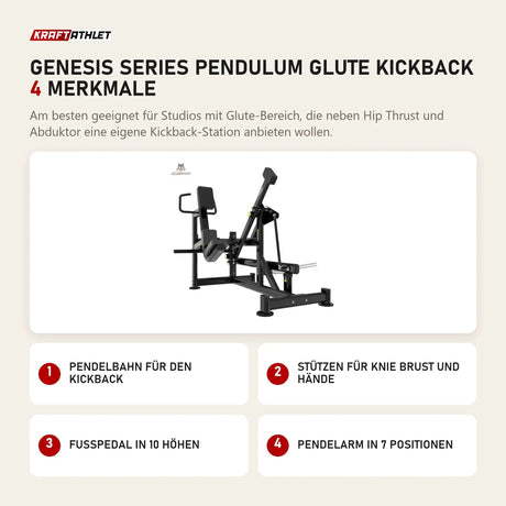 Titanium Strength Genesis Series Pendulum Glute Kickback mit 4 Merkmalen: Pendelbahn für den Kickback, Stützen für Knie Brust und Hände, Fußpedal in 10 Höhen, Pendelarm in 7 Positionen