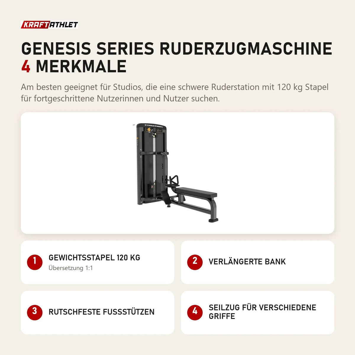 Titanium Strength Genesis Series Ruderzugmaschine mit 4 Merkmalen: Gewichtsstapel 120 kg, Verlängerte Bank, Rutschfeste Fußstützen, Seilzug für verschiedene Griffe