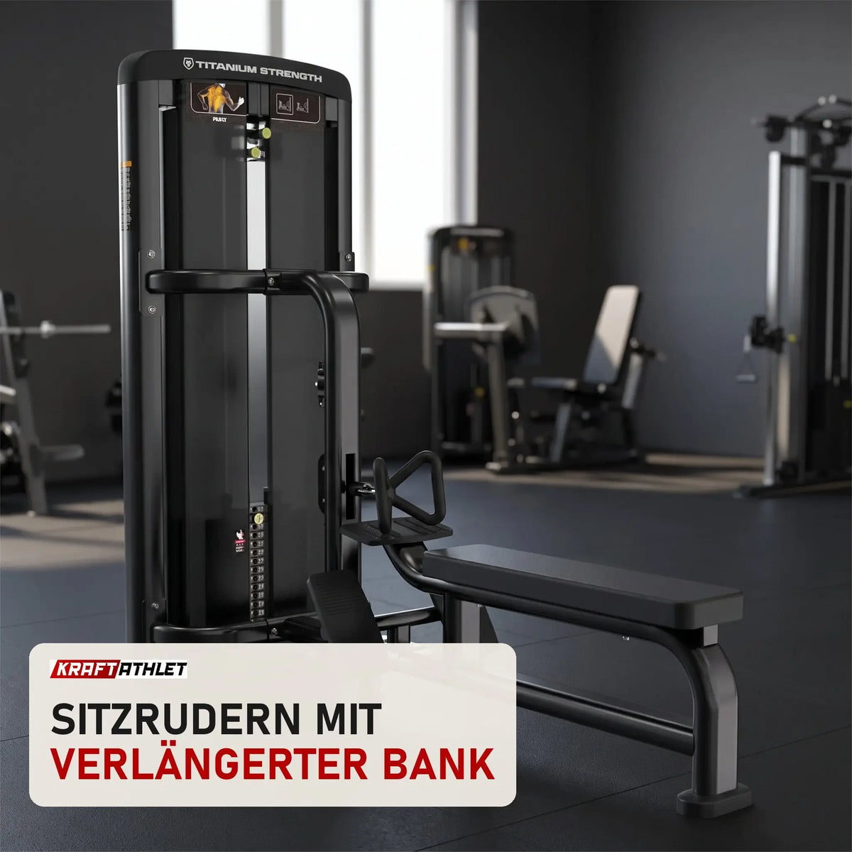 Titanium Strength Genesis Series Ruderzugmaschine in einem fertig eingerichteten Studio mit dunklen Wänden und Gummiboden