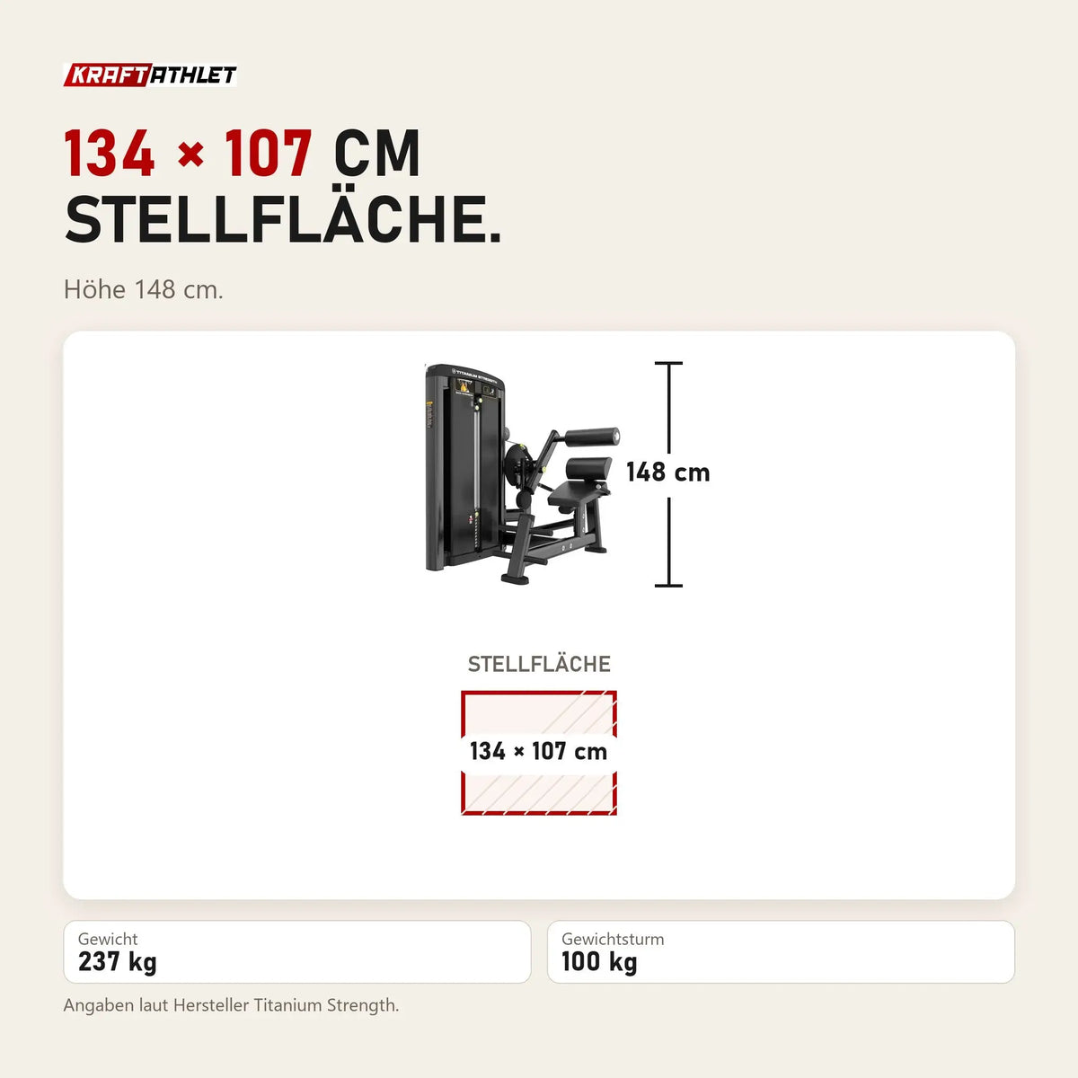 Maßbild Titanium Strength Genesis Series Rückenstreckung: Stellfläche 134 × 107 cm, Höhe 148 cm