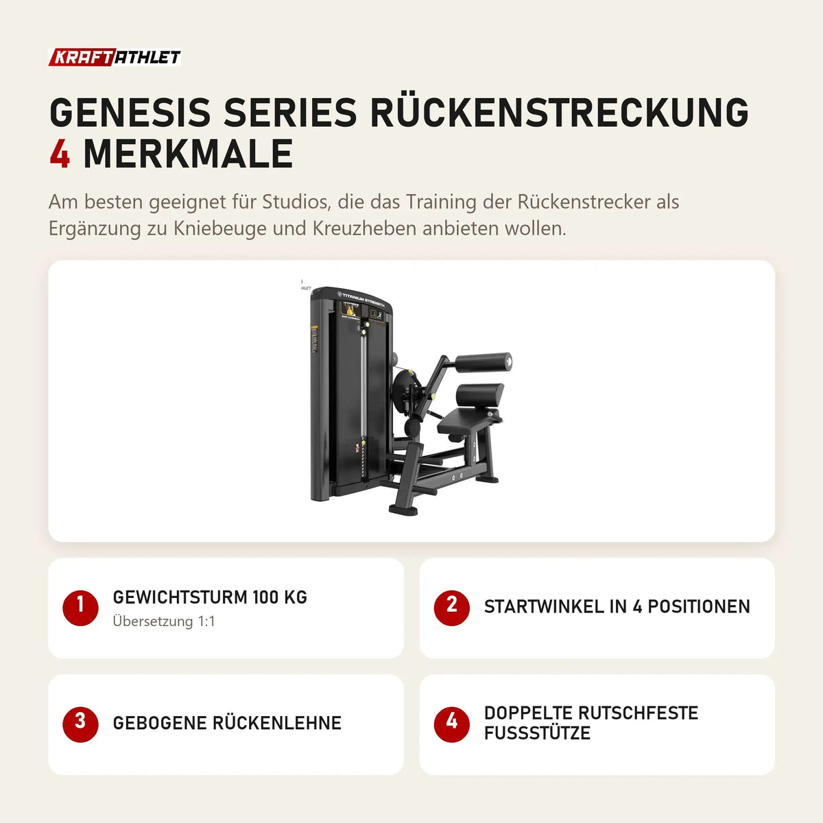 Titanium Strength Genesis Series Rückenstreckung mit 4 Merkmalen: Gewichtsturm 100 kg, Startwinkel in 4 Positionen, Gebogene Rückenlehne, Doppelte rutschfeste Fußstütze