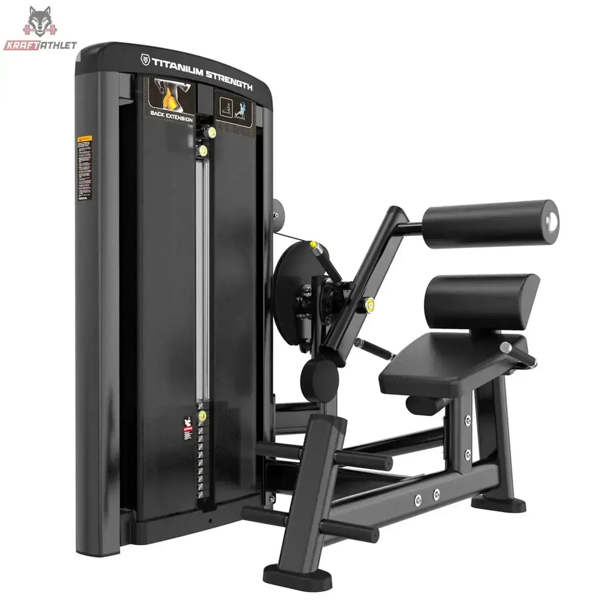 Titanium Strength Genesis Series Rückenstreckung in Schrägansicht mit Rückenpolster, Sitz und Gewichtsturm in Schwarz