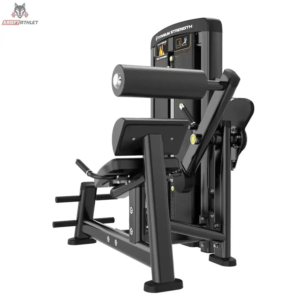 Titanium Strength Genesis Series Rückenstreckung von vorne schräg mit Sitz, Fußplattform und Hebelarm in Schwarz
