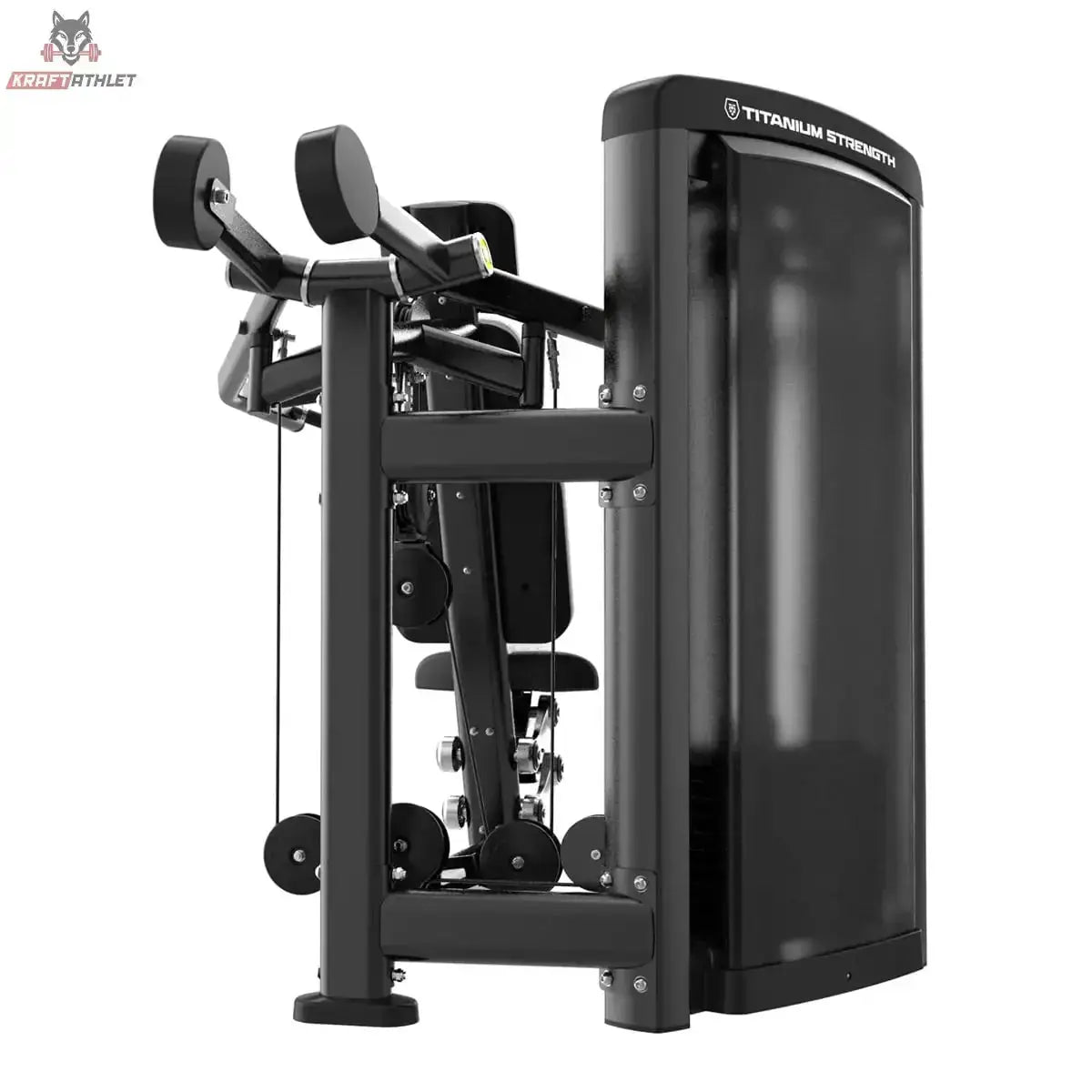 Titanium Strength Genesis Series Einarmige Schulterpresse Rückseite mit verkleidetem Gewichtsturm und Pressarm in Schwarz