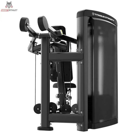 Titanium Strength Genesis Series Einarmige Schulterpresse Rückseite mit verkleidetem Gewichtsturm und Pressarm in Schwarz