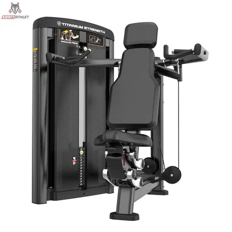Titanium Strength Genesis Series Einarmige Schulterpresse in Schrägansicht mit Rückenlehne, Druckgriffen und Gewichtsturm in Schwarz