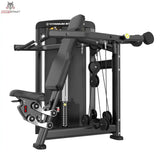 Titanium Strength Genesis Series Einarmige Schulterpresse in Seitenansicht mit Pressarmen, Seilrollen und Sitzverstellung in Schwarz
