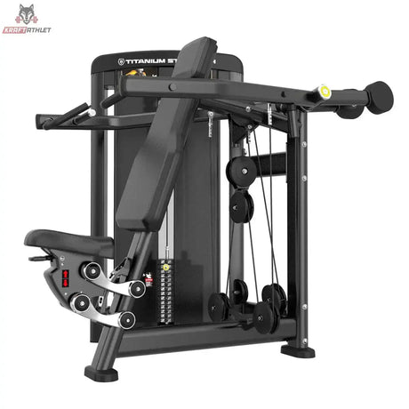 Titanium Strength Genesis Series Einarmige Schulterpresse in Seitenansicht mit Pressarmen, Seilrollen und Sitzverstellung in Schwarz