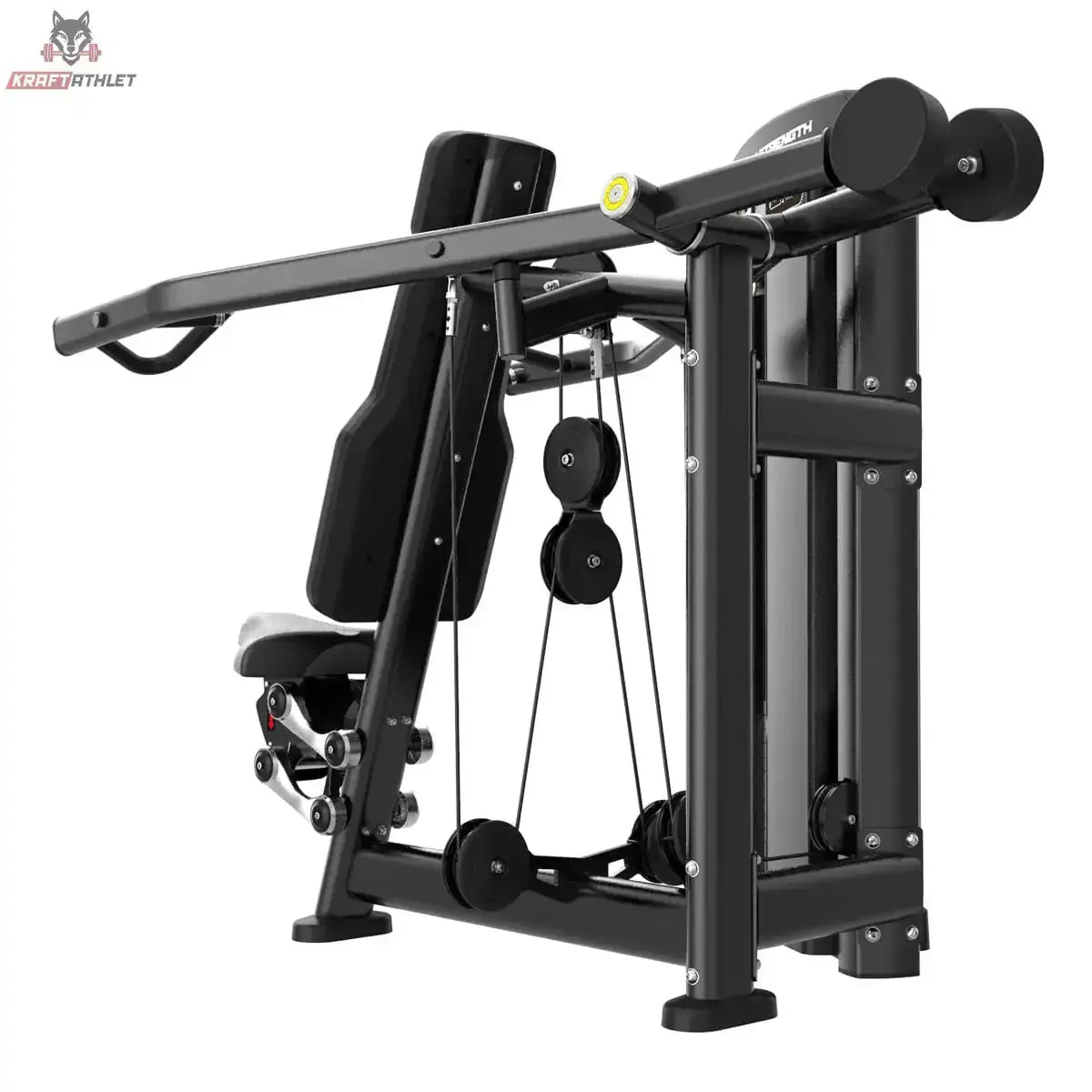 Titanium Strength Genesis Series Einarmige Schulterpresse von vorne schräg mit Pressarmen, Rückenlehne und Seilzug in Schwarz