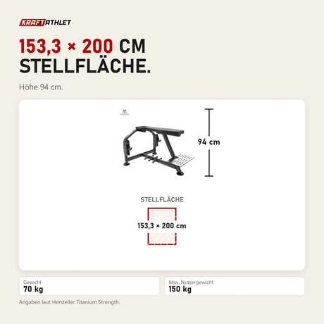 Maßbild Titanium Strength Genesis Series Seal Row Bench: Stellfläche 153,3 × 200 cm, Höhe 94 cm