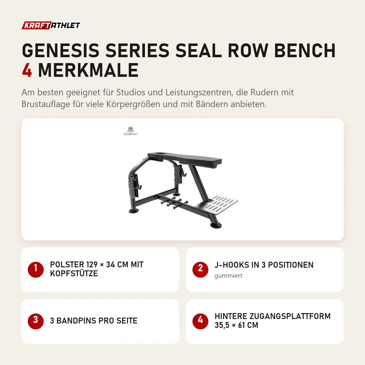 Titanium Strength Genesis Series Seal Row Bench mit 4 Merkmalen: Polster 129 × 34 cm mit Kopfstütze, J-Hooks in 3 Positionen, 3 Bandpins pro Seite, Hintere Zugangsplattform 35,5 × 61 cm