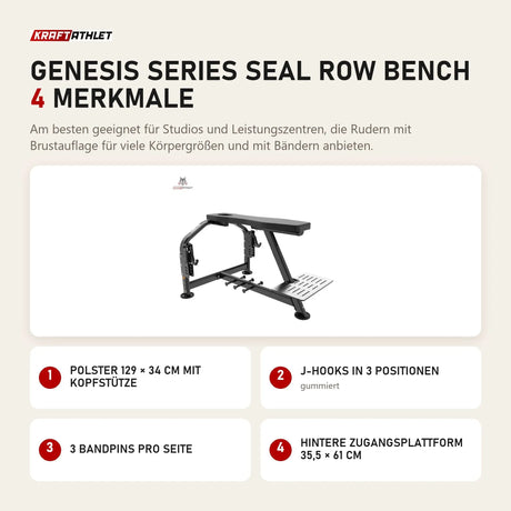 Titanium Strength Genesis Series Seal Row Bench mit 4 Merkmalen: Polster 129 × 34 cm mit Kopfstütze, J-Hooks in 3 Positionen, 3 Bandpins pro Seite, Hintere Zugangsplattform 35,5 × 61 cm