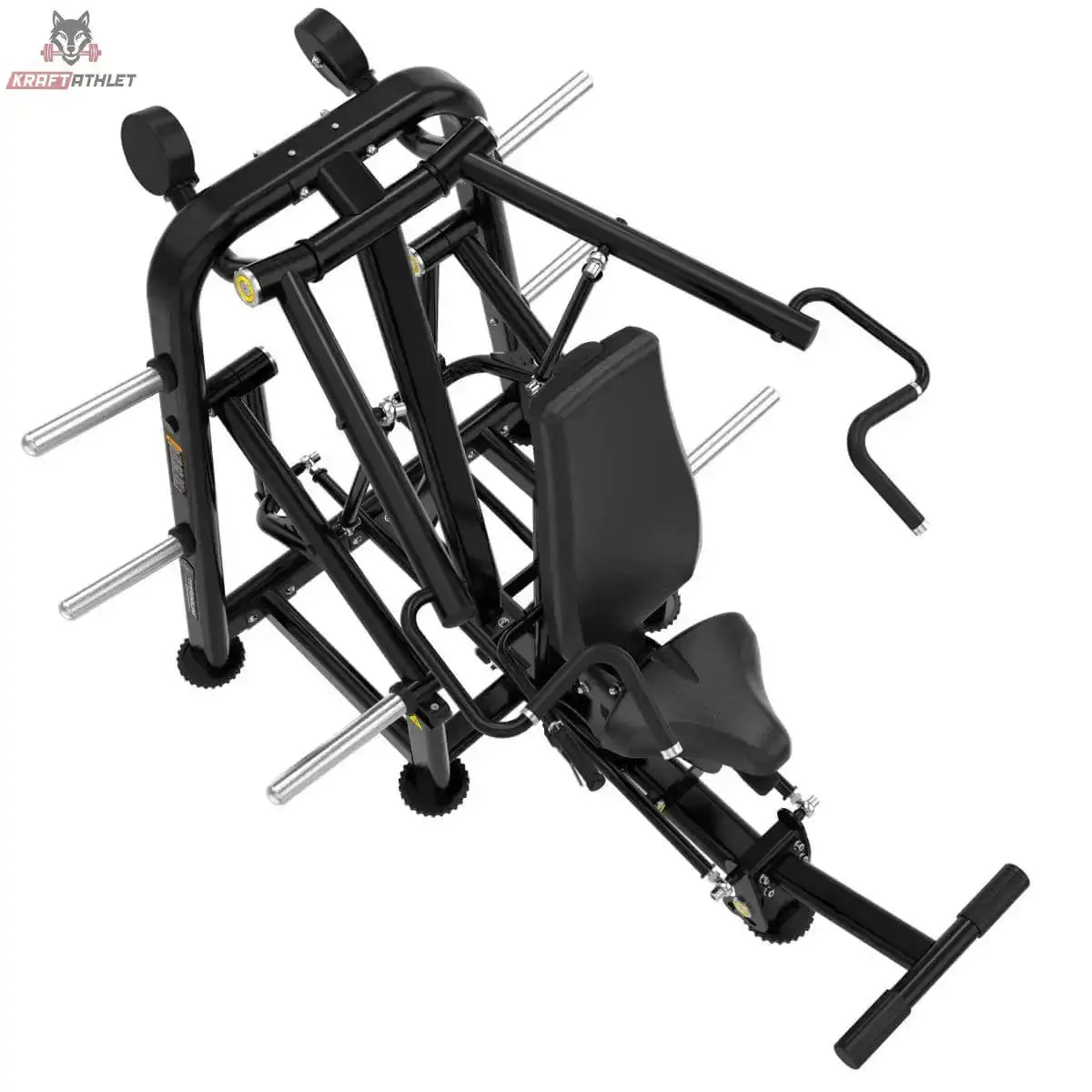 Titanium Strength Genesis Series Seated Shoulder Press – Ansicht von schräg oben auf Sitz, Griffe und Fußhebel, schwarz