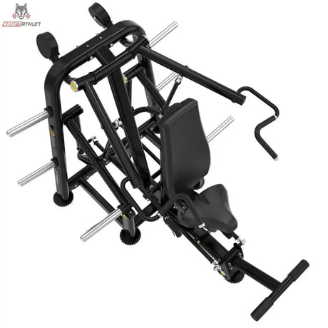 Titanium Strength Genesis Series Seated Shoulder Press – Ansicht von schräg oben auf Sitz, Griffe und Fußhebel, schwarz
