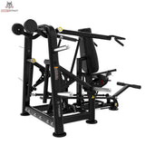 Titanium Strength Genesis Series Seated Shoulder Press – Schrägansicht von hinten mit Rahmen und Scheibenaufnahmen, schwarz