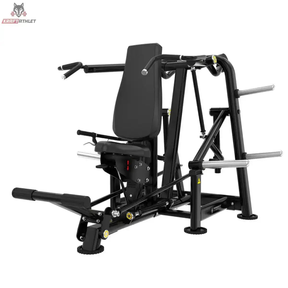 Titanium Strength Genesis Series Seated Shoulder Press – Schrägansicht von vorne links mit Rückenlehne und Fußhebel, schwarz