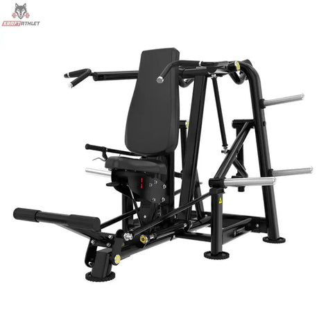 Titanium Strength Genesis Series Seated Shoulder Press – Schrägansicht von vorne links mit Rückenlehne und Fußhebel, schwarz