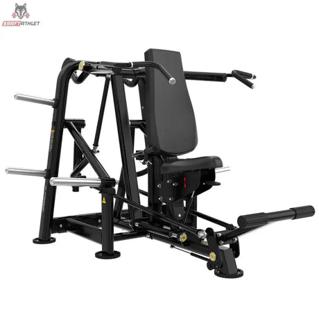 Titanium Strength Genesis Series Seated Shoulder Press – Schrägansicht von vorne rechts mit Rückenlehne, Griffen und Fußhebel, schwarz