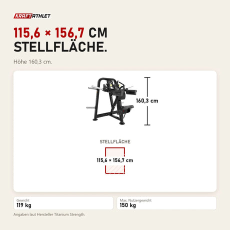 Maßbild Titanium Strength Genesis Series Seitenheben: Stellfläche 115,6 × 156,7 cm, Höhe 160,3 cm