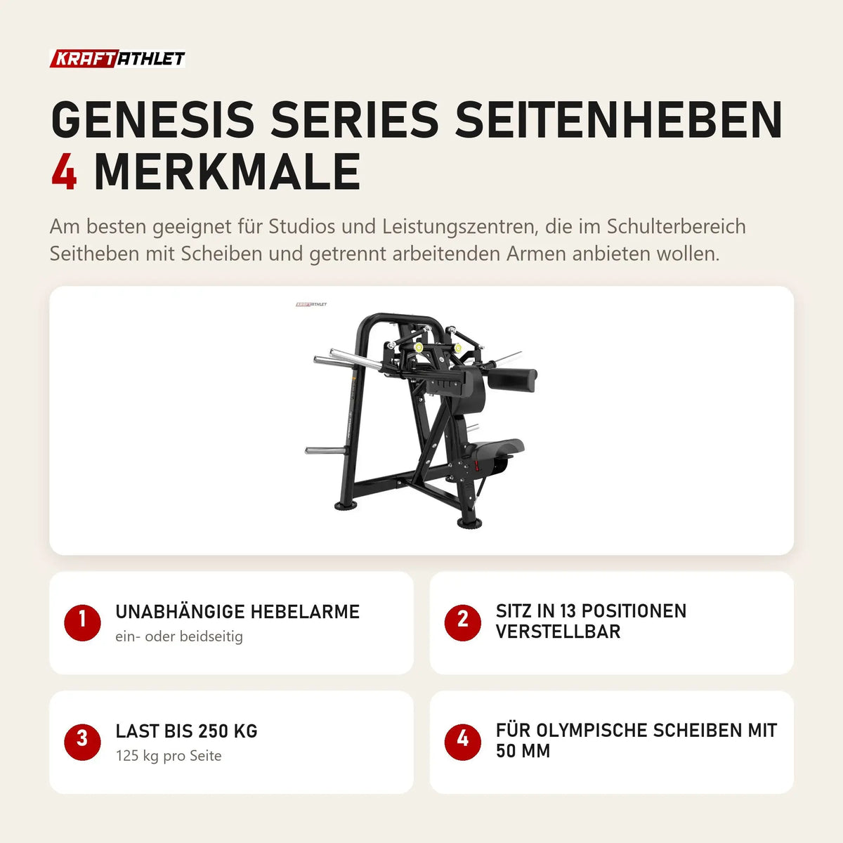 Titanium Strength Genesis Series Seitenheben mit 4 Merkmalen: Unabhängige Hebelarme, Sitz in 13 Positionen verstellbar, Last bis 250 kg, Für olympische Scheiben mit 50 mm