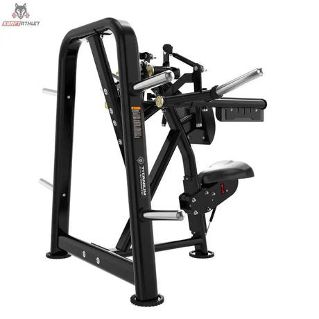 Titanium Strength Genesis Series Seitenheben – Schrägansicht von hinten mit Rahmen und Scheibenaufnahmen, schwarz