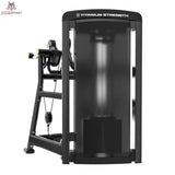 Titanium Strength Genesis Series Einarmige Seithebemaschine Rückseite mit verkleidetem Gewichtsturm und Hebelarm in Schwarz