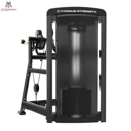 Titanium Strength Genesis Series Einarmige Seithebemaschine Rückseite mit verkleidetem Gewichtsturm und Hebelarm in Schwarz