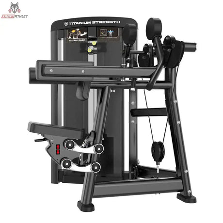 Titanium Strength Genesis Series Einarmige Seithebemaschine in Seitenansicht mit Hebelarm, Seilzug und Sitzverstellung in Schwarz