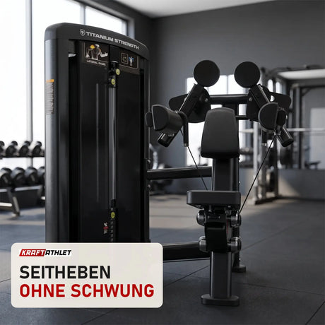 Titanium Strength Genesis Series Einarmige Seithebemaschine in einem fertig eingerichteten Studio mit dunklen Wänden und Gummiboden