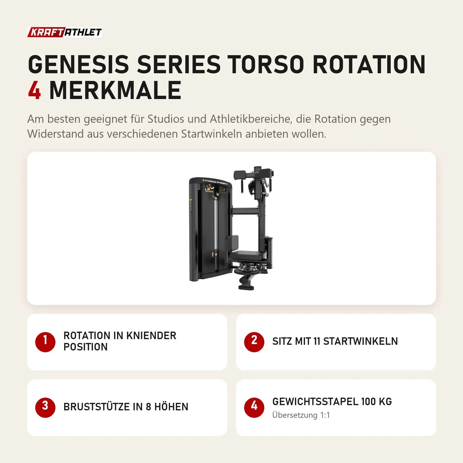 Titanium Strength Genesis Series Torso Rotation mit 4 Merkmalen: Rotation in kniender Position, Sitz mit 11 Startwinkeln, Bruststütze in 8 Höhen, Gewichtsstapel 100 kg