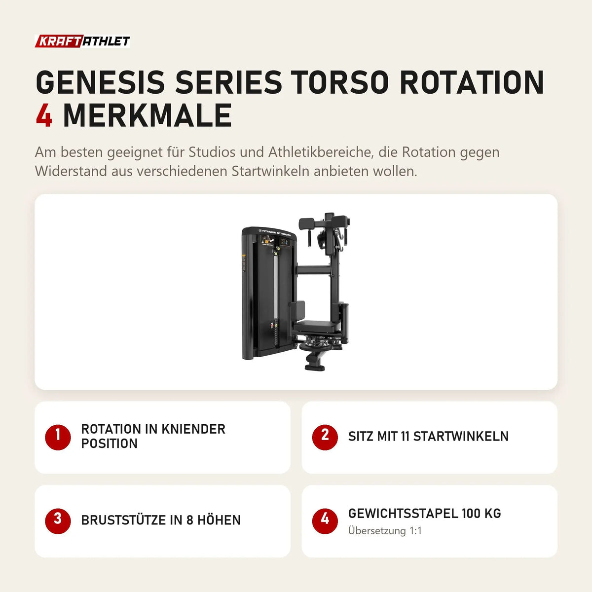 Titanium Strength Genesis Series Torso Rotation mit 4 Merkmalen: Rotation in kniender Position, Sitz mit 11 Startwinkeln, Bruststütze in 8 Höhen, Gewichtsstapel 100 kg