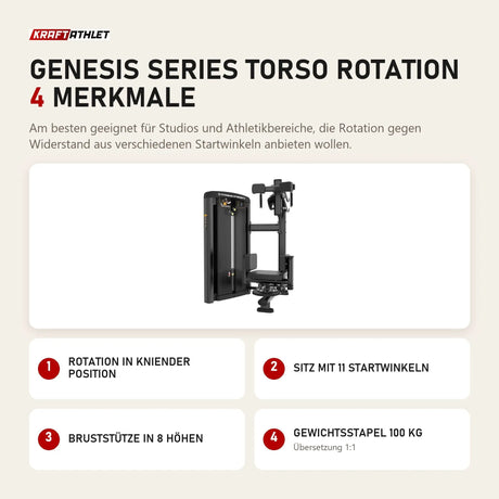 Titanium Strength Genesis Series Torso Rotation mit 4 Merkmalen: Rotation in kniender Position, Sitz mit 11 Startwinkeln, Bruststütze in 8 Höhen, Gewichtsstapel 100 kg