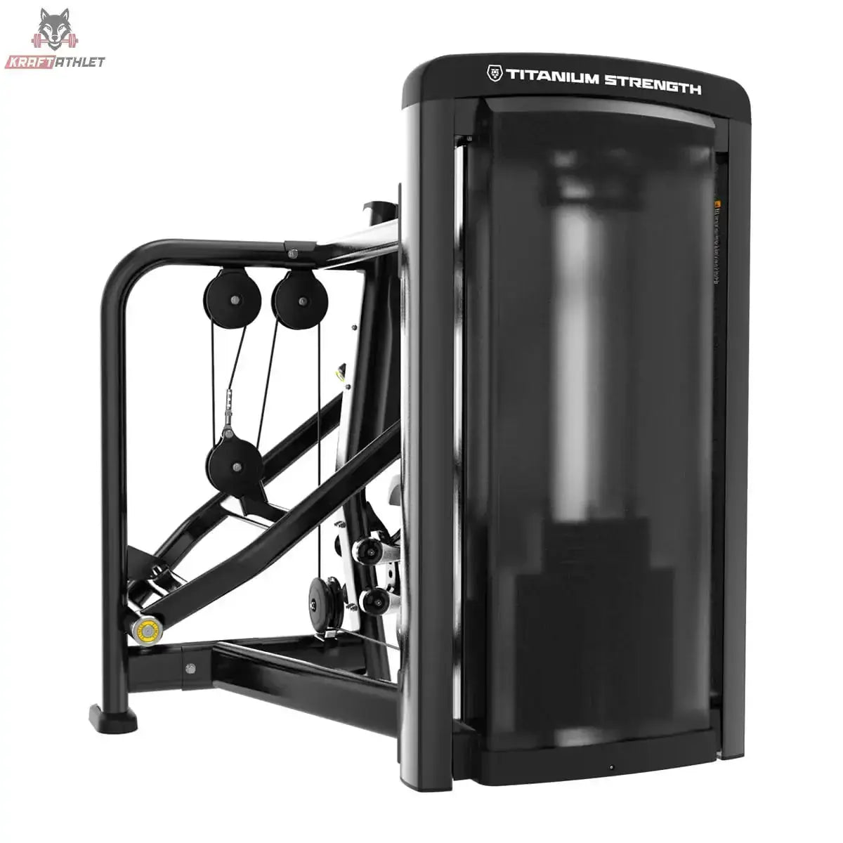 Titanium Strength Genesis Series Einarmige Trizeps-Dips Rückseite mit verkleidetem Gewichtsturm und Seilrollen in Schwarz