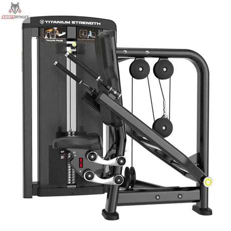 Titanium Strength Genesis Series Einarmige Trizeps-Dips in Seitenansicht mit Hebelarm, Seilrollen und Sitzverstellung in Schwarz
