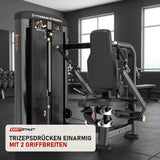 Titanium Strength Genesis Series Einarmige Trizeps-Dips in einem fertig eingerichteten Studio mit dunklen Wänden und Gummiboden