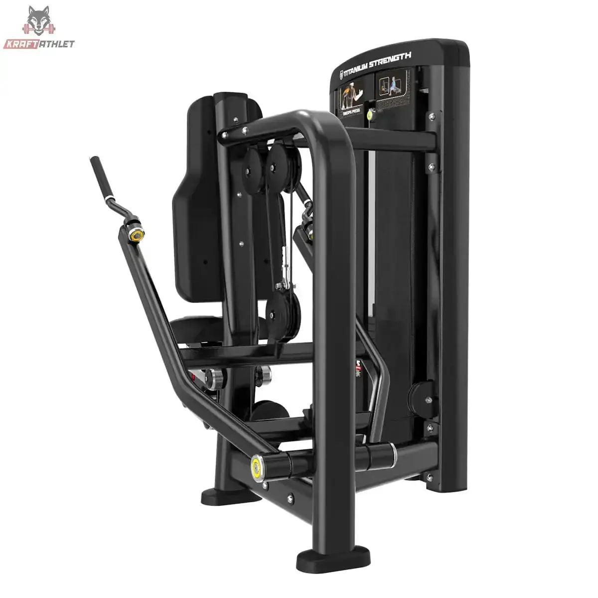 Titanium Strength Genesis Series Einarmige Trizeps-Dips von vorne schräg mit Dipgriffen und Sitz in Schwarz