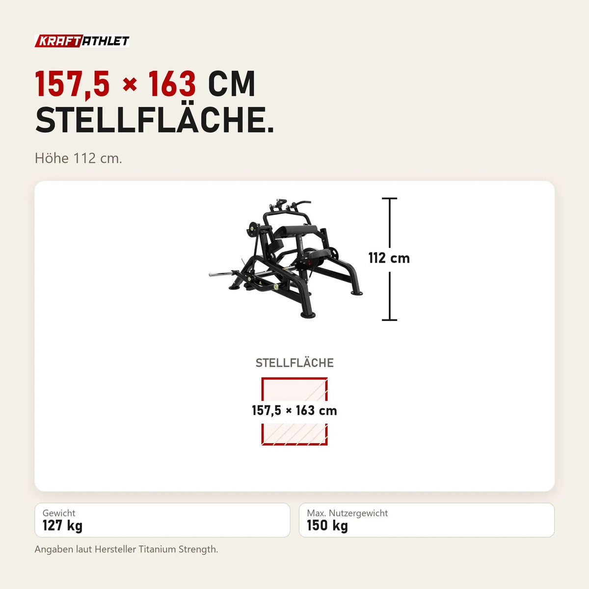 Maßbild Titanium Strength Genesis Series Trizepsstreckung: Stellfläche 157,5 × 163 cm, Höhe 112 cm