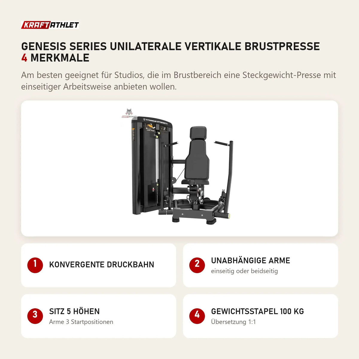 Titanium Strength Genesis Series Unilaterale Vertikale Brustpresse mit 4 Merkmalen: Konvergente Druckbahn, Unabhängige Arme, Sitz 5 Höhen, Gewichtsstapel 100 kg