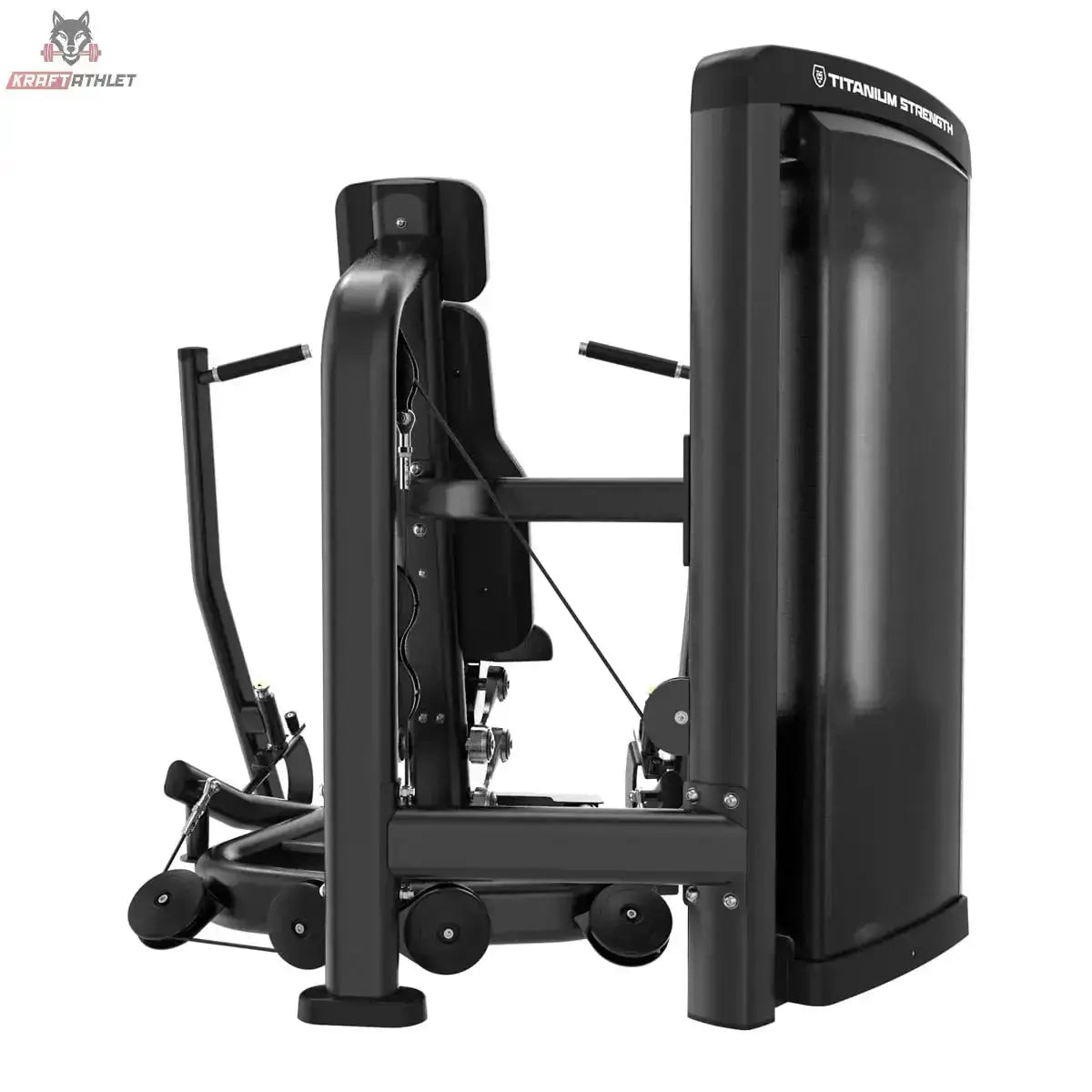 Titanium Strength Genesis Series Unilaterale Vertikale Brustpresse in Schwarz, Rückansicht mit Gewichtsstapelverkleidung