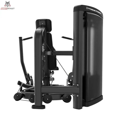 Titanium Strength Genesis Series Unilaterale Vertikale Brustpresse in Schwarz, Rückansicht mit Gewichtsstapelverkleidung