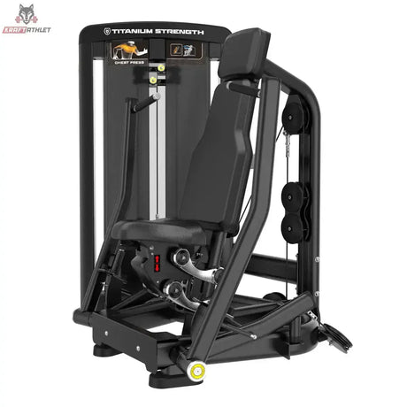 Titanium Strength Genesis Series Unilaterale Vertikale Brustpresse in Schwarz, Schrägansicht mit Gewichtsstapel