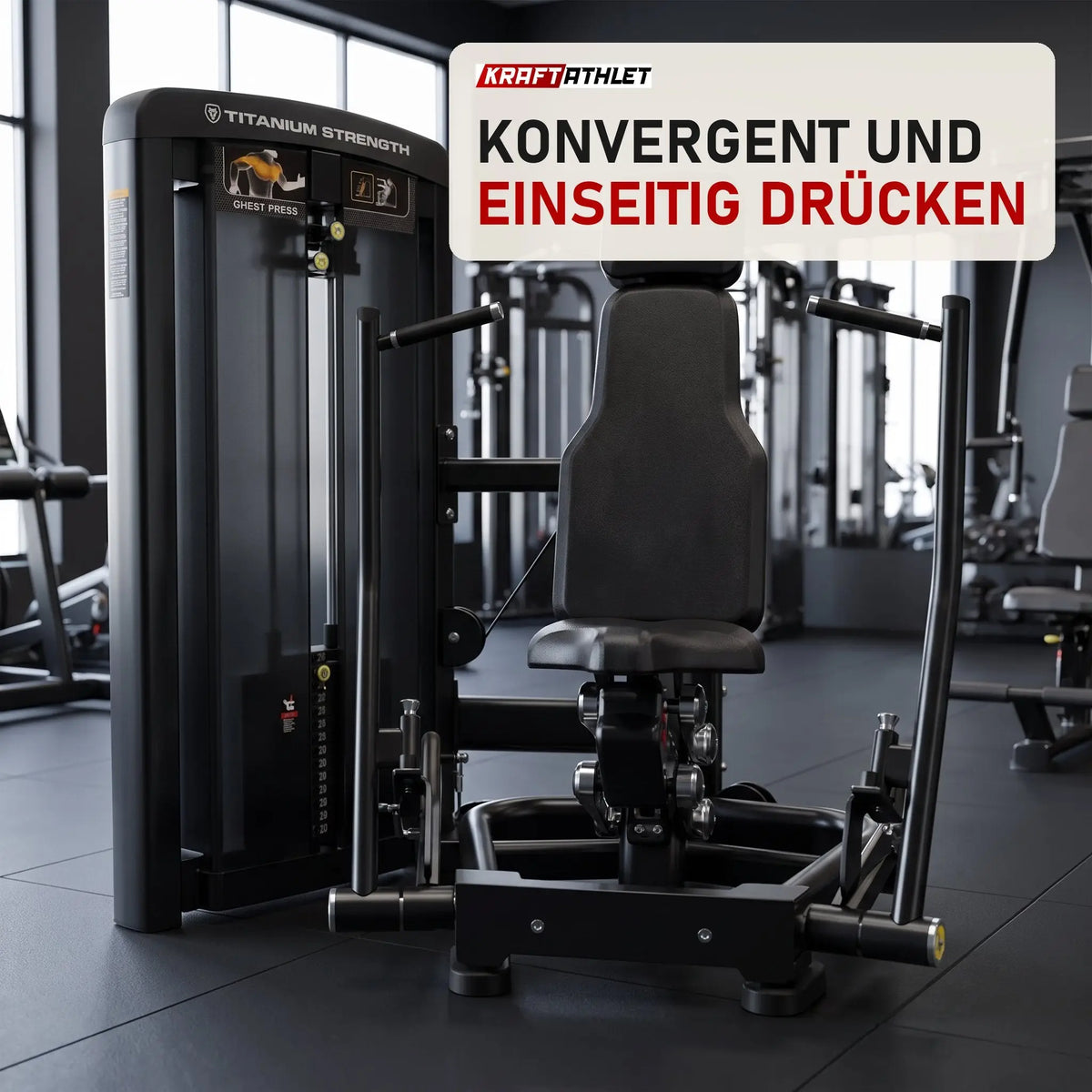 Titanium Strength Genesis Series Unilaterale Vertikale Brustpresse in einem fertig eingerichteten Studio mit dunklen Wänden und Gummiboden