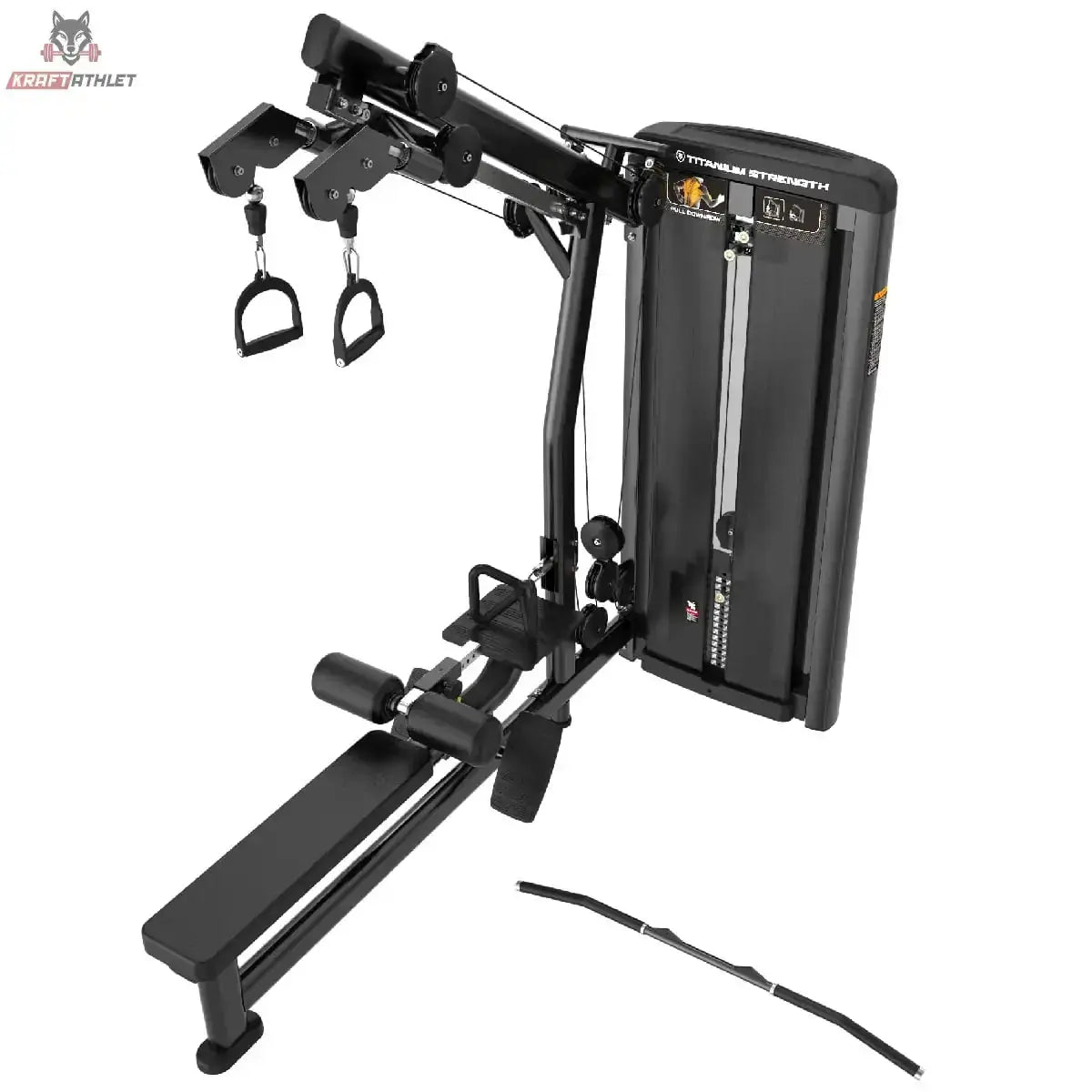 Titanium Strength Genesis Series Unilaterales Lat Pulldown und Rudern in Schwarz, Schrägansicht von oben auf Bank und Seilzug