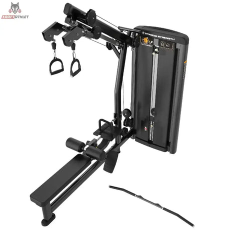 Titanium Strength Genesis Series Unilaterales Lat Pulldown und Rudern in Schwarz, Schrägansicht von oben auf Bank und Seilzug