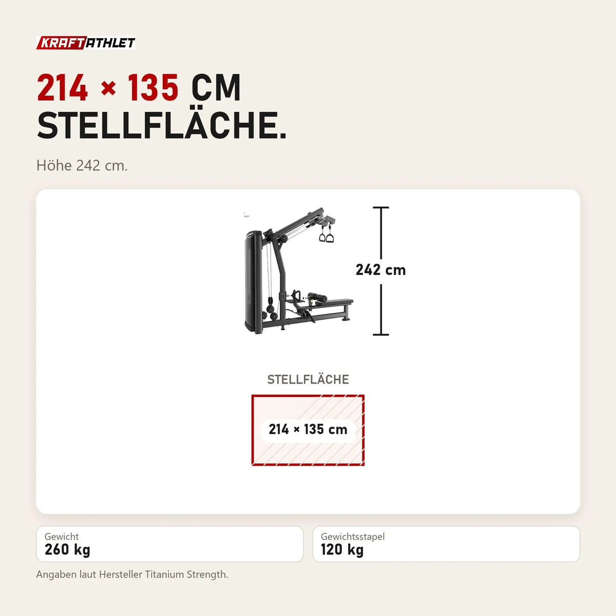 Maßbild Titanium Strength Genesis Series Unilaterales Lat Pulldown und Rudern: Stellfläche 214 × 135 cm, Höhe 242 cm