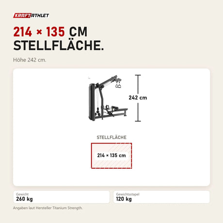 Maßbild Titanium Strength Genesis Series Unilaterales Lat Pulldown und Rudern: Stellfläche 214 × 135 cm, Höhe 242 cm