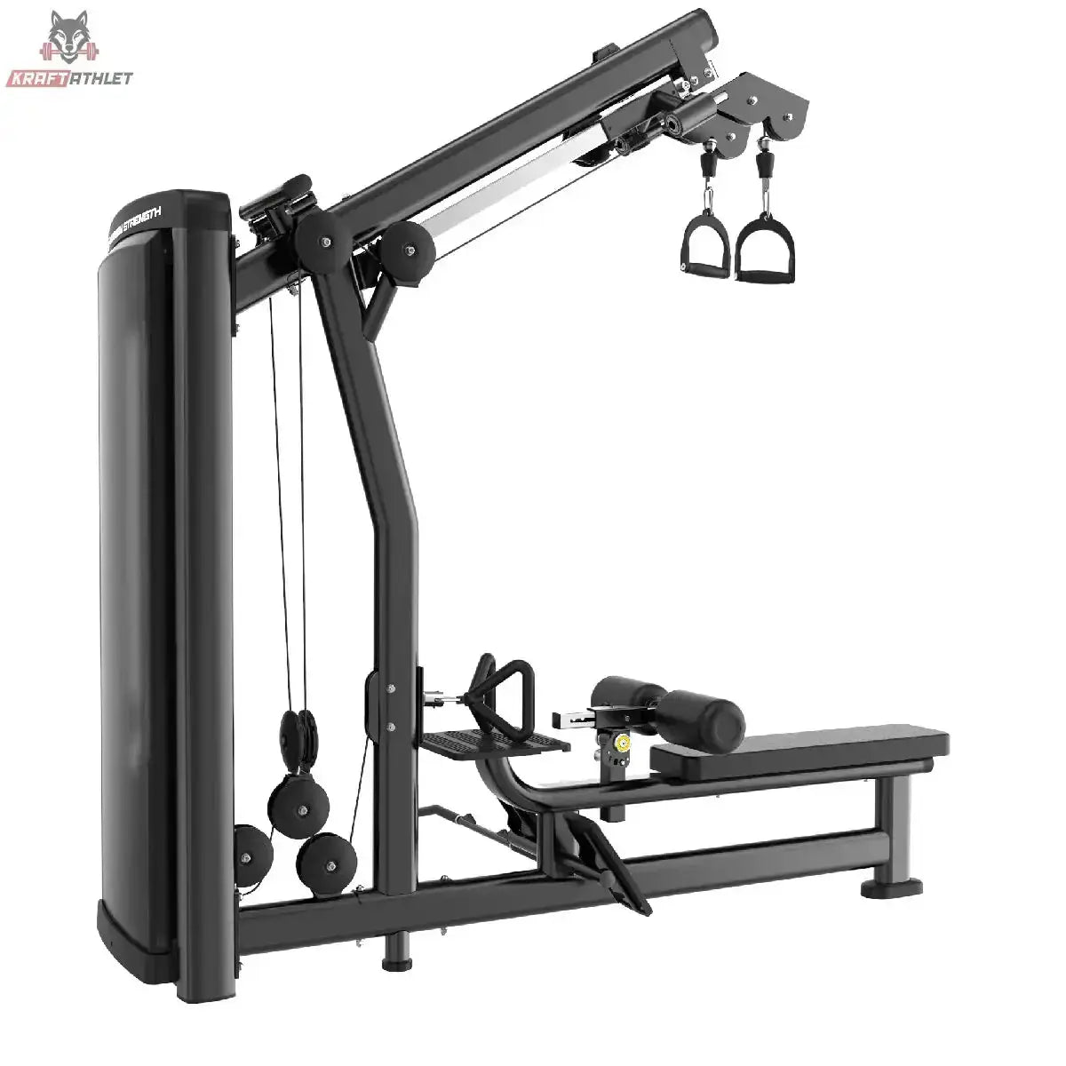 Titanium Strength Genesis Series Unilaterales Lat Pulldown und Rudern in Schwarz, Seitenansicht mit Griffen und Sitzbank
