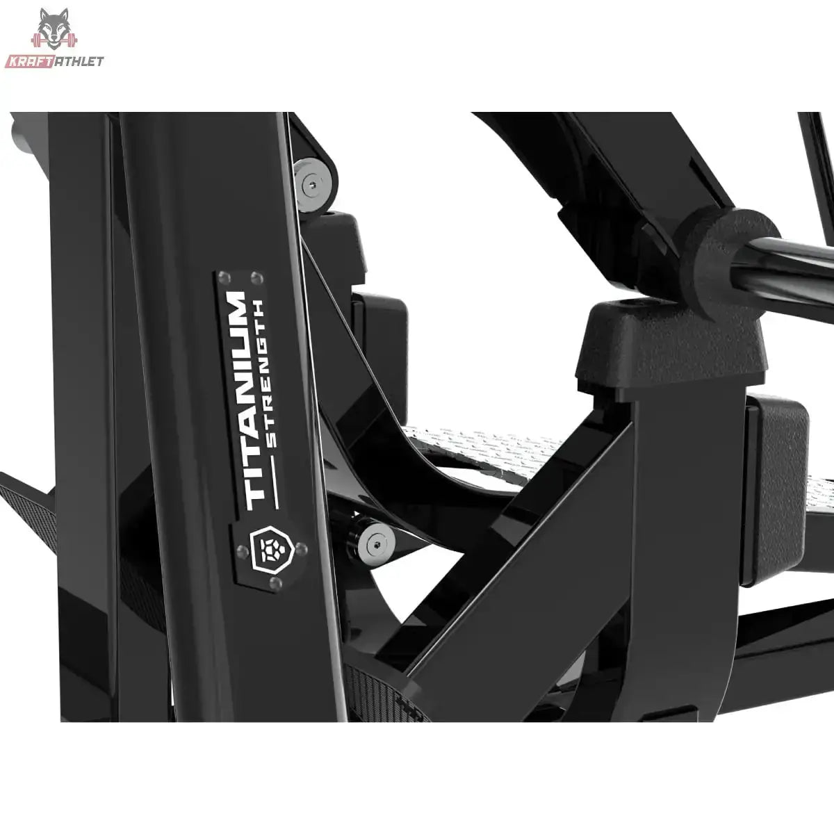 Titanium Strength Genesis Series V Beinpresse: Detail des Rahmens mit Logo und Drehpunkt