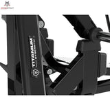 Titanium Strength Genesis Series V Beinpresse: Detail des Rahmens mit Logo und Drehpunkt